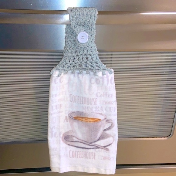 HAND CRAFTED Crochet Top Coffee House Hanging Kitchen or Bathroom Hand Towels - Picture 5 of 7